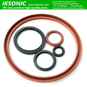 Five IKSONIC oil seals in black and brown, arranged inside a large brown seal ring on a white background.