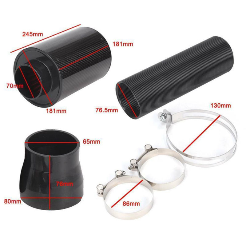 Carbon fiber car cold air filter 3 inch universal feed closed intake pipe hose kit rubber bellow tube