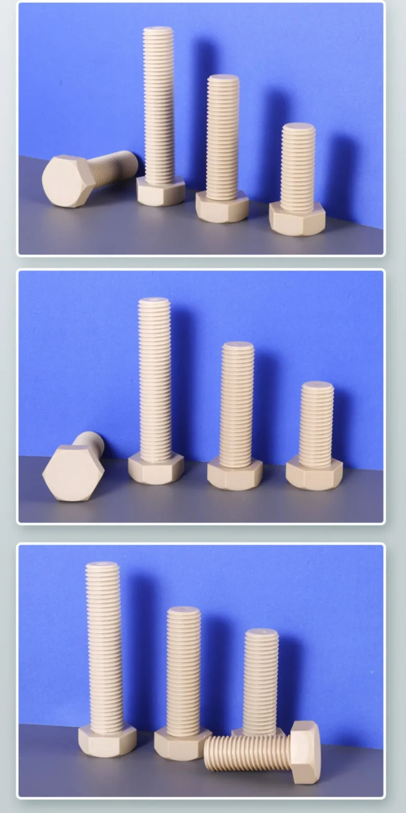 PEEK high strength plastic hex bolts M3-M10 by IKSONIC CO., LTD., insulated, acid alkali resistant, high temperature resistant, DIN933, JIS, DIN, ANSI, European standard, factory direct.