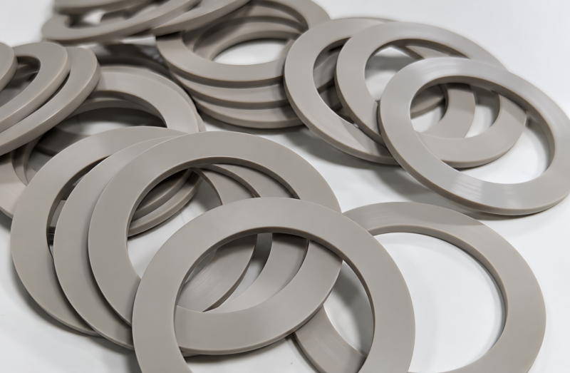 337-grey-annular-gaskets-hero Overlapping flat grey annular gaskets on a white surface.