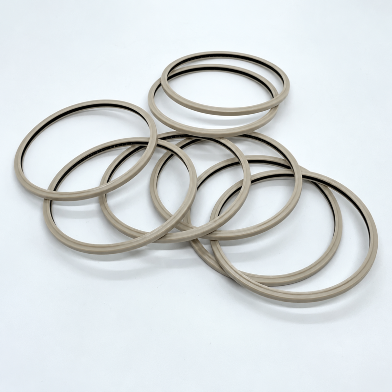 Overlapping beige annular seals with dark inner sealing edges.