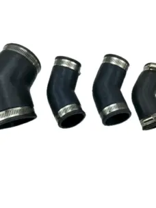 Black angled pipe connectors with metal hose clamps on a white background.