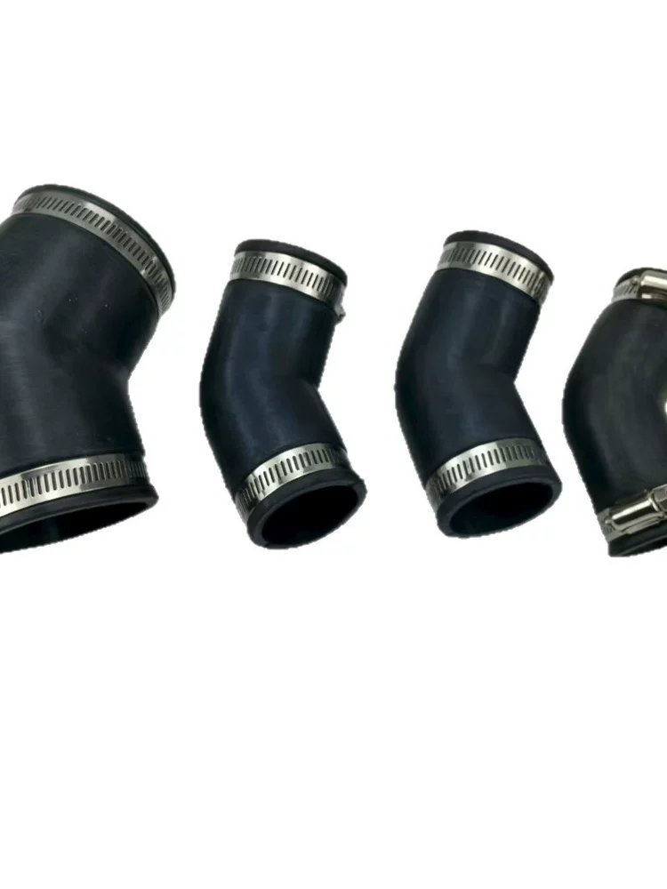 45-degree-clamp-style-pipe-connectors-360-hero Black angled pipe connectors with metal hose clamps on a white background.