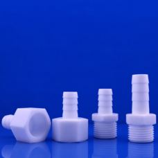 IKSONIC PTFE hose barb fittings supplier photo showing male and female threaded connection styles.