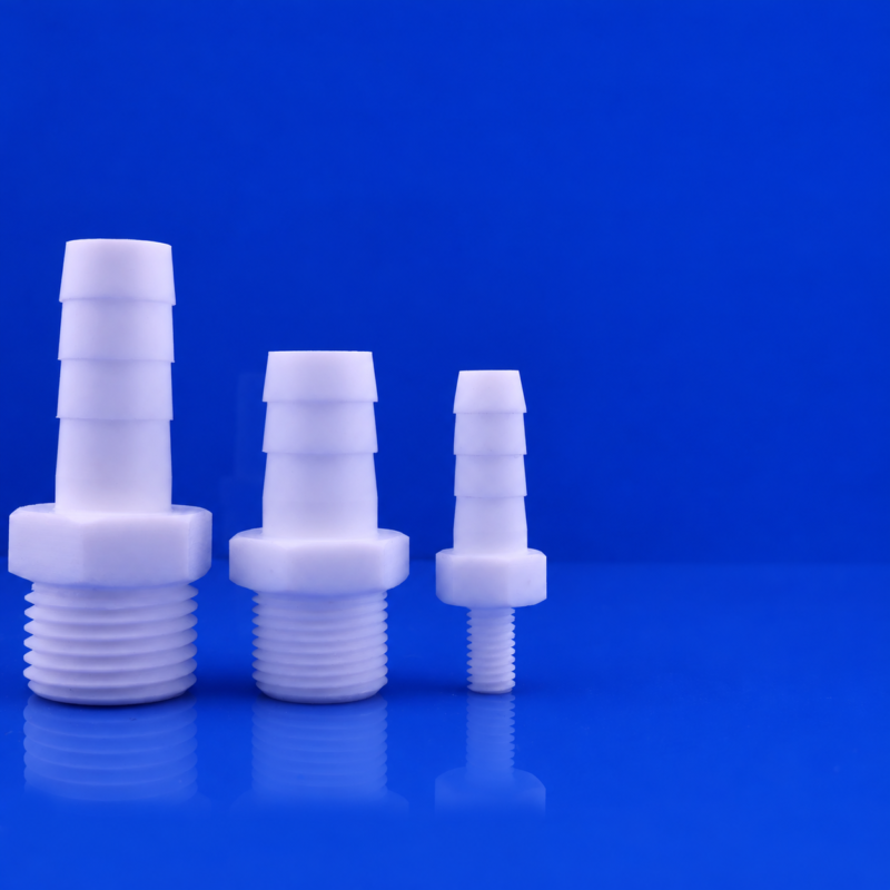 Three sizes of male-threaded PTFE hose barb fittings from IKSONIC, a wholesale fittings supplier.