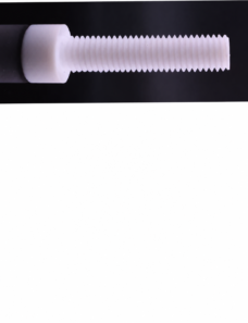 Side detail of a white PTFE socket-head screw lying horizontally against a dark background, with the head at left and threaded shaft extending right; the lower panel is blank white.