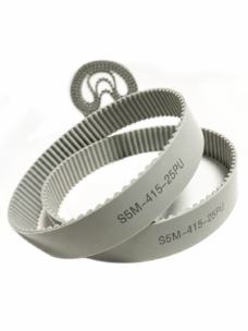 Grey S5M polyurethane timing belt profile example showing two overlapping loops marked S5M-415-25PU and a blurred rolled belt behind — IKSONIC China supplier catalog.