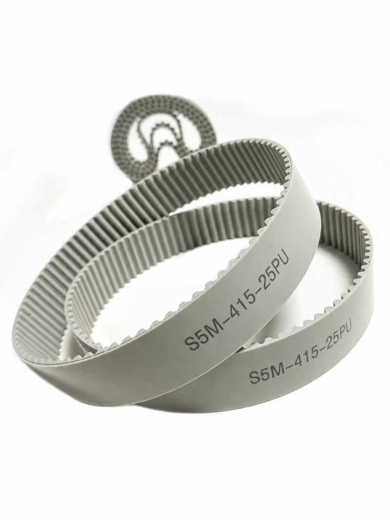 IKSONIC-S5M-PU-timing-belt-profile-example-crossed-loops Grey S5M polyurethane timing belt profile example showing two overlapping loops marked S5M-415-25PU and a blurred rolled belt behind — IKSONIC China supplier catalog.