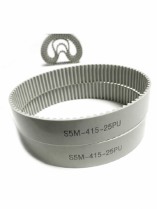 Grey S5M polyurethane timing belt profile example showing two stacked loops marked S5M-415-25PU — IKSONIC manufacturing range.