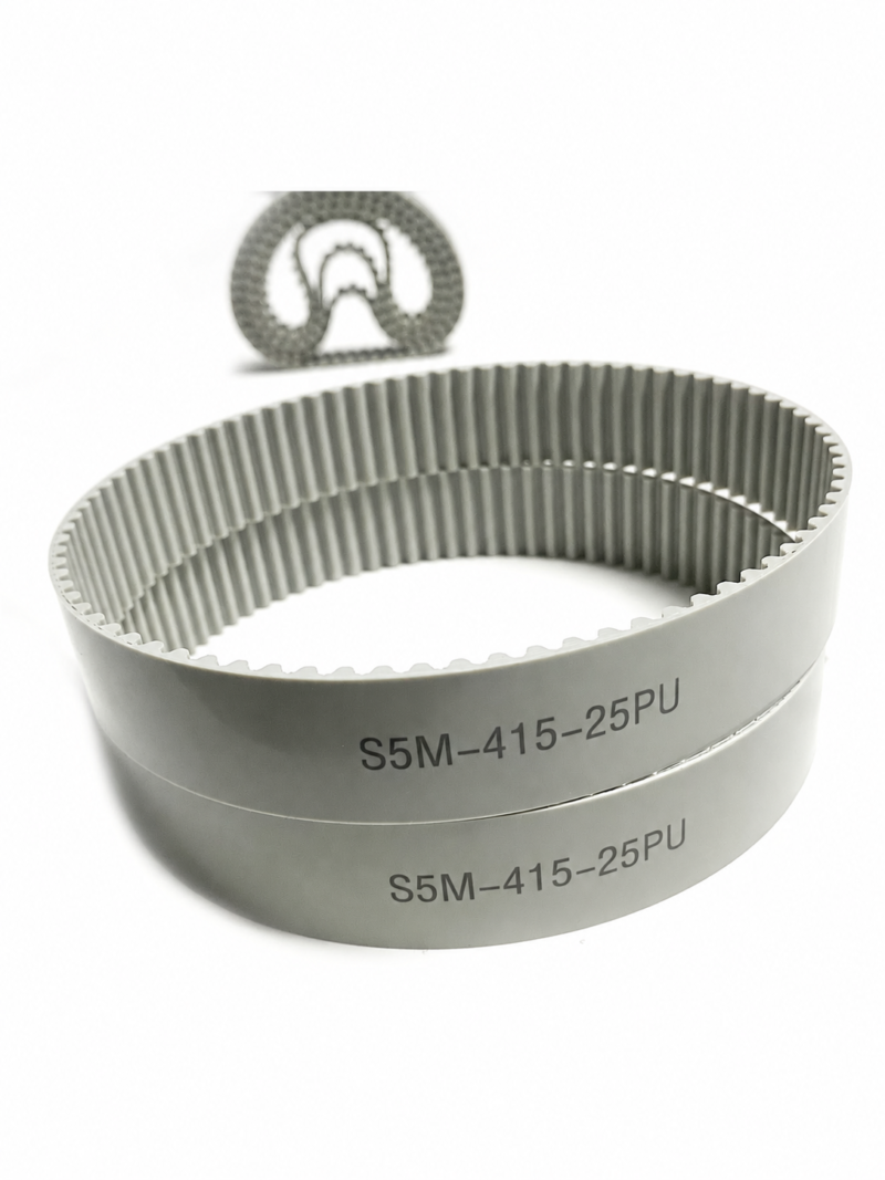 Grey S5M polyurethane timing belt profile example showing two stacked loops marked S5M-415-25PU; the originally obscured rear belt edge remains blank — IKSONIC China supplier catalog.