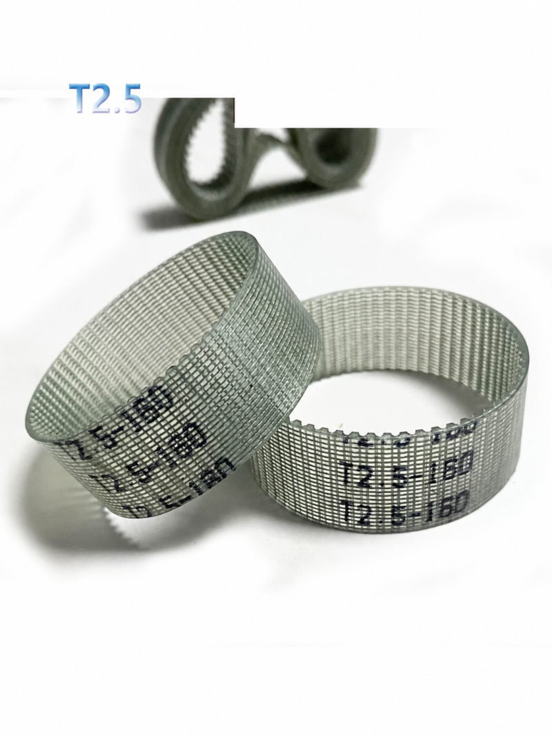 IKSONIC T2.5 polyurethane timing belts in an angled view, showing inner teeth, reinforcement grid and model markings.