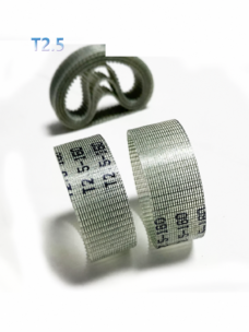 IKSONIC T2.5 polyurethane timing belts standing upright, showing reinforcement grid and printed model markings.