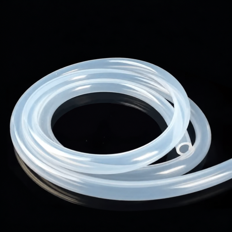 Clear silicone tubing coil on a black background with its open tube end visible.