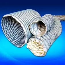 IKSONIC supplier reference close-up of flexible duct open ends with reflective metallic-looking interiors on a blue background.