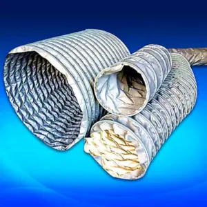 IKSONIC flexible duct open ends showing reflective interiors and external spiral reinforcement on a blue background.