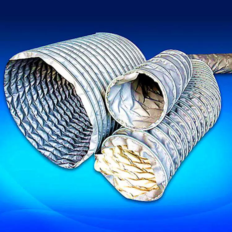 IKSONIC supplier reference close-up of flexible duct open ends with reflective metallic-looking interiors on a blue background.