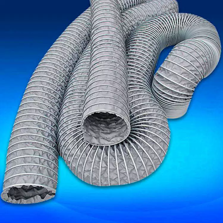 IKSONIC-grey-spiral-reinforced-flexible-duct-main IKSONIC supplier reference photo of grey flexible ducts with visible external spiral reinforcement on a blue background.