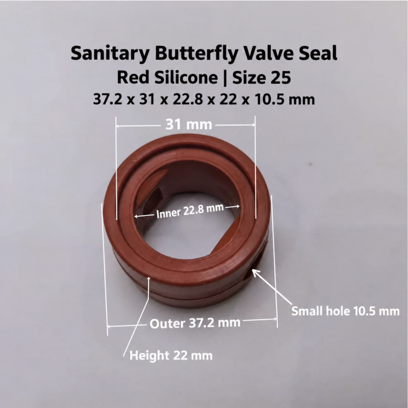 Size 25 red silicone butterfly valve seal example on a gray background, labeled outer diameter 37.2 mm, shown span 31 mm, inner diameter 22.8 mm, height 22 mm, and small hole 10.5 mm. Supplied by IKSONIC in China.