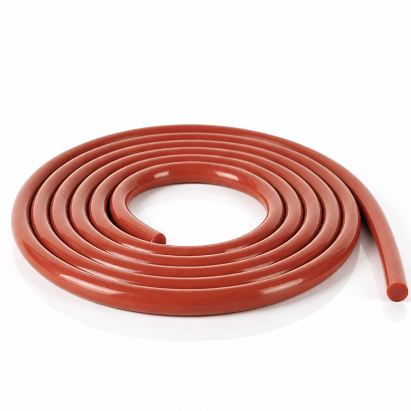 IKSONIC red solid silicone round cord in a loose flat coil, with both solid cut ends visible.