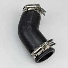 Close-up of a black angled rubber pipe connector with two metal hose clamps and an open lower end.