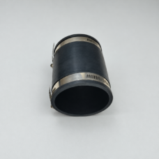 Reverse-angle view of a black straight pipe connector showing its open bore and two metal hose clamps.