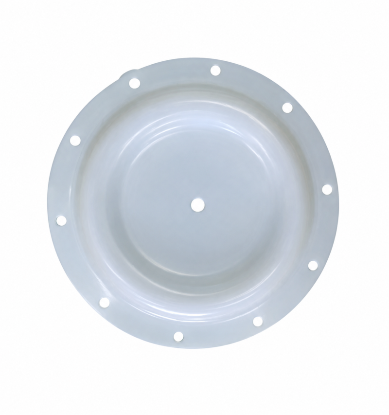 Translucent pump diaphragm with ten perimeter mounting holes and one central hole.