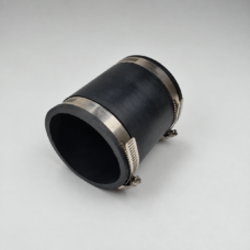 Black straight pipe connector with a metal hose clamp at each end.