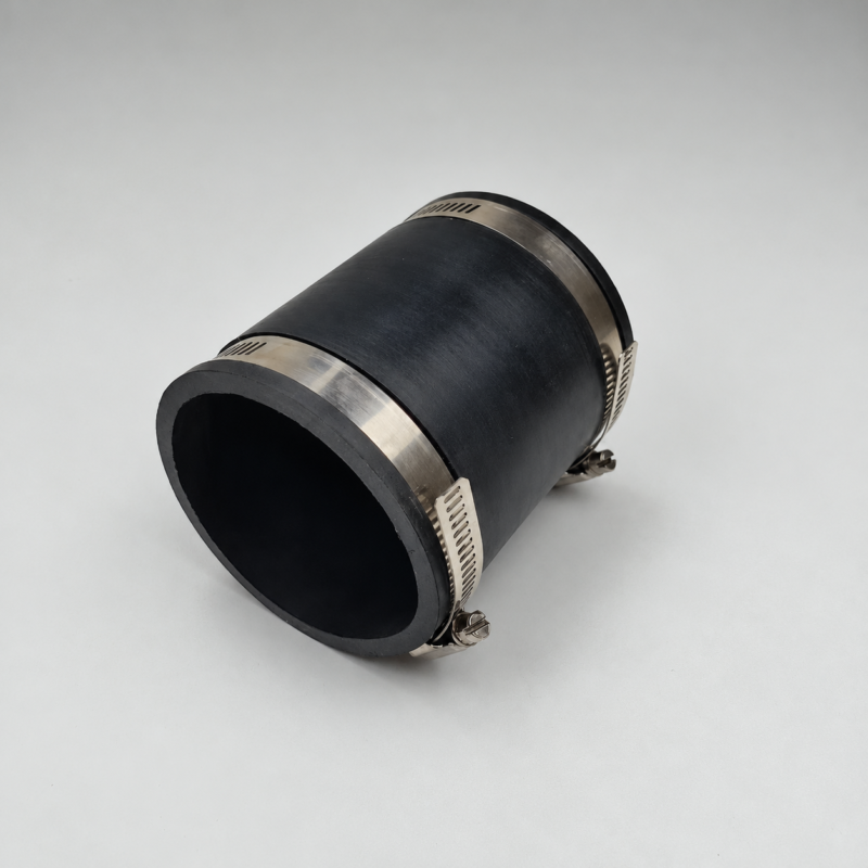 Flexible straight pipe connector with clamps Black straight pipe connector with a metal hose clamp at each end.