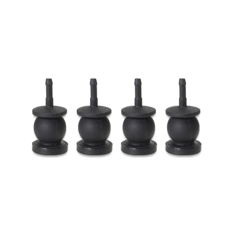Four black long-stem gimbal damping ball mounts standing in a row