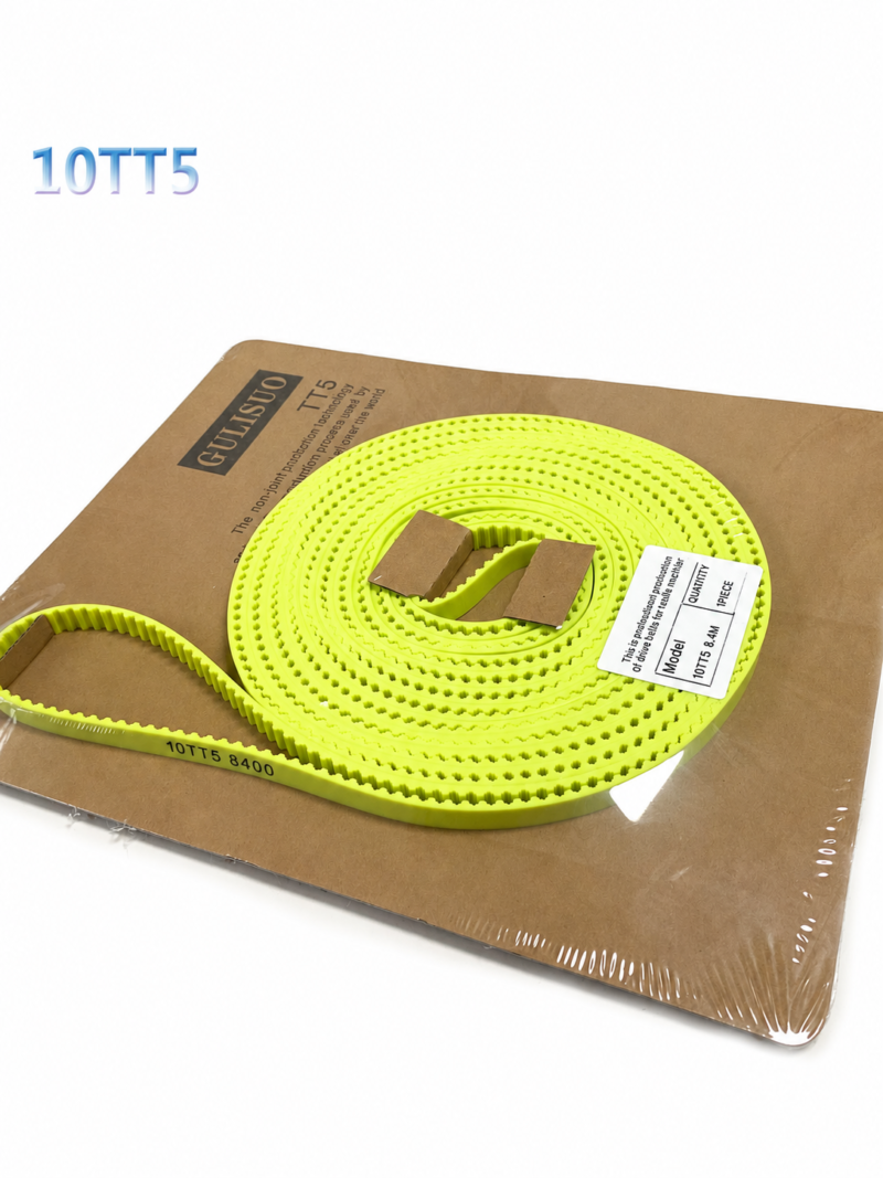 iksonic-10tt5-green-textile-timing-belt-supplier Fluorescent green 10TT5 polyurethane timing belt coil on original packaging; supplied by IKSONIC in China.