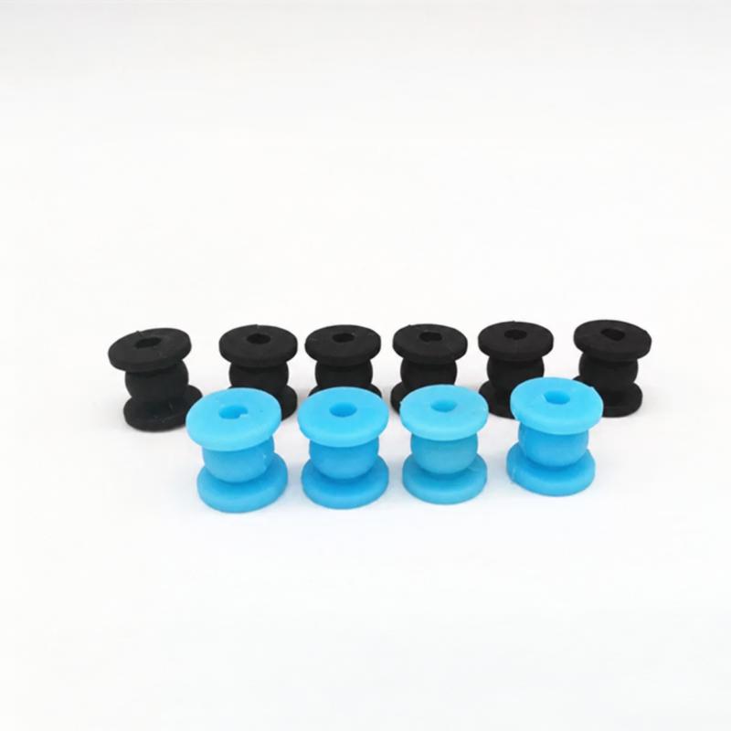 Six black and four blue 12 mm silicone drone gimbal vibration dampers arranged in two rows – IKSONIC China supplier.