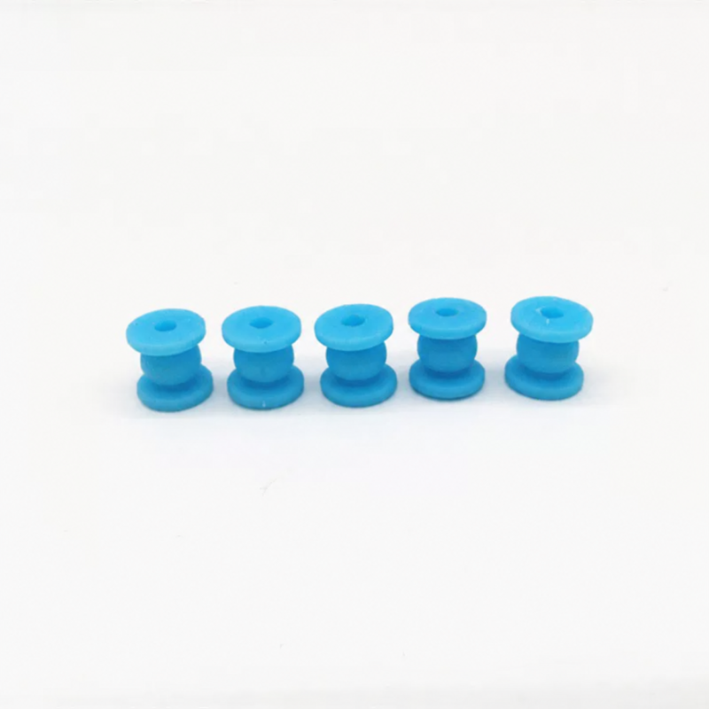 Five blue 12 mm silicone drone gimbal vibration dampers standing in a row – IKSONIC China supplier.