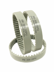 Supplier photo of three gray 8M-368-20PU polyurethane timing belts, with two upright loops above one flat loop and visible rounded teeth. Supplied by IKSONIC in China.