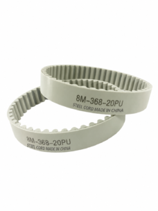 Supplier photo of two overlapping gray 8M-368-20PU polyurethane timing belts with rounded inner teeth and steel cord markings. Supplied by IKSONIC in China.