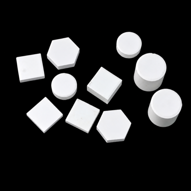 White IKSONIC ceramic square and hexagonal tiles, round discs and cylindrical pieces arranged on a black background.