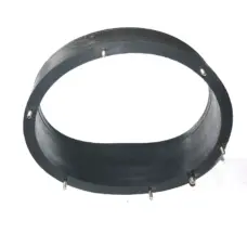 Black IKSONIC inflatable seal ring with a flanged edge, mounting studs and an air connector on a white background.
