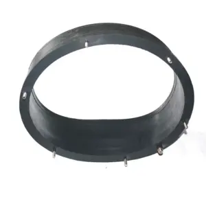 Black IKSONIC inflatable seal ring with a flanged edge, mounting studs and an air connector on a white background.