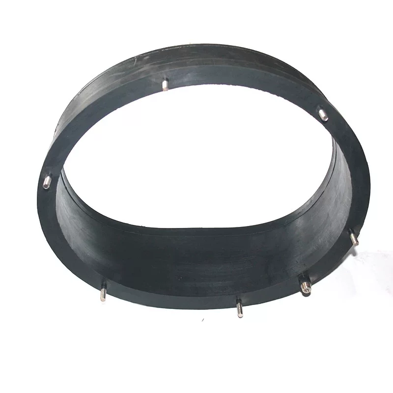 Black IKSONIC inflatable seal ring with a flanged edge, mounting studs and an air connector on a white background.