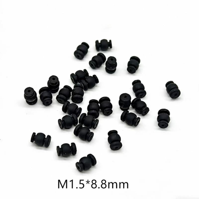 Black silicone damping balls scattered on a white background, showing side and end views, with the original M1.5*8.8mm label.