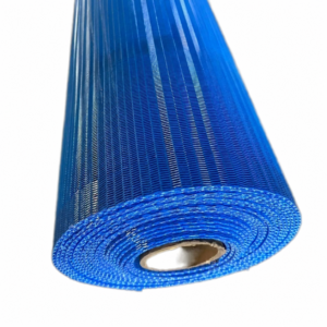 Blue IKSONIC mesh belt roll showing its open structure and rolled edge.