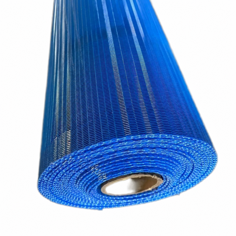 Blue IKSONIC mesh belt roll showing its open structure and rolled edge.