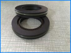 Two dark IKSONIC spring-energized PTFE seals showing the face and internal spring channel.