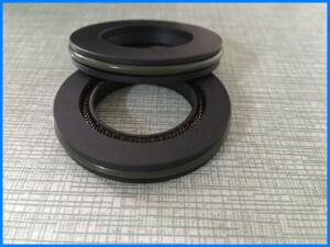 Two dark IKSONIC spring-energized PTFE seals showing the face and internal spring channel.