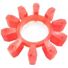 Angled view of a red ten-lobe coupling insert on a white surface; supplied by IKSONIC in China.