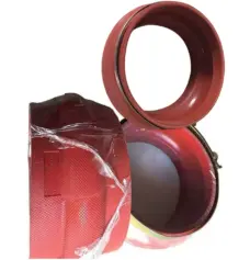 Red cylindrical pipe connectors with clamps, including one partly wrapped in clear film; supplied by IKSONIC in China.