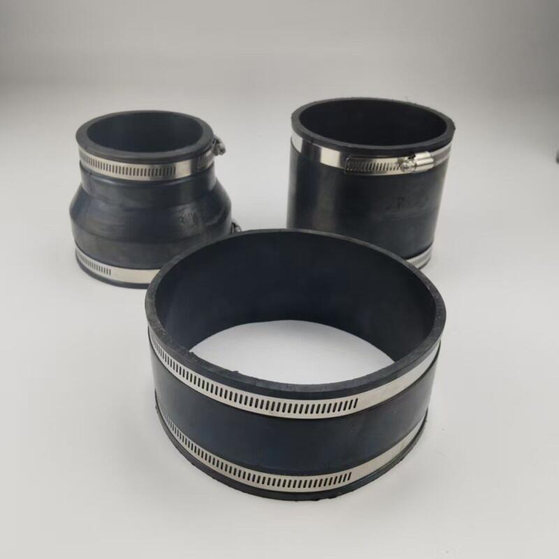 Three clamped rubber pipe connectors showing their open bores and wall profiles; supplied by IKSONIC in China.