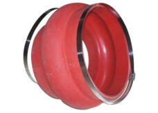 Red flexible pipe connector with metal band clamps, shown from an angle; supplied by IKSONIC in China.