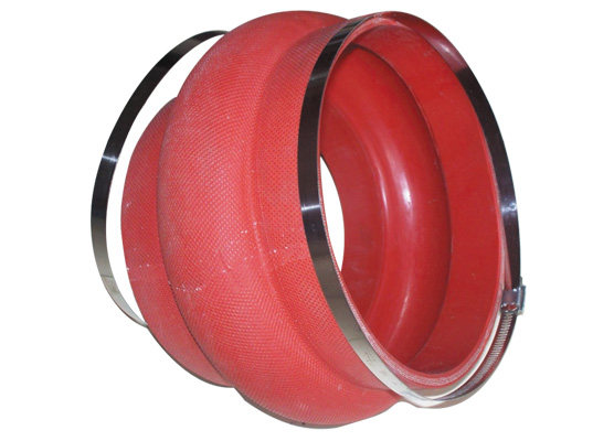 Red flexible pipe connector with metal band clamps, shown from an angle; supplied by IKSONIC in China.