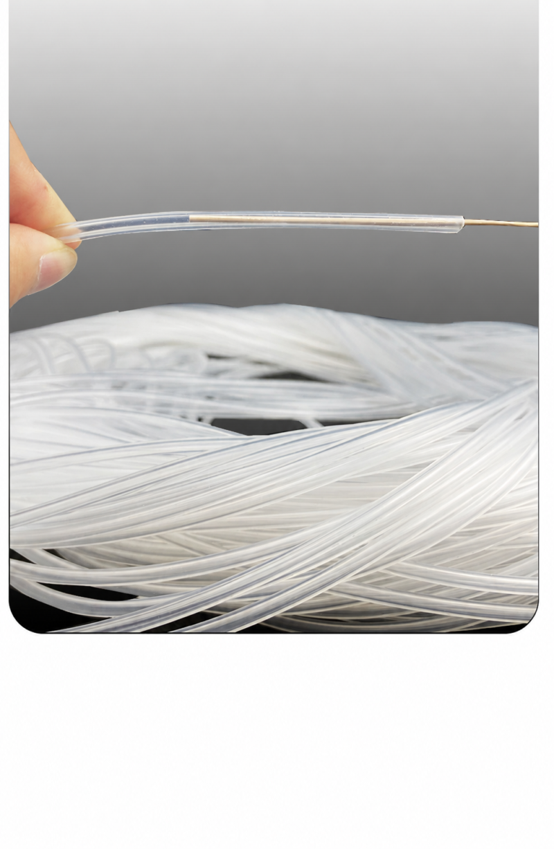 Transparent silicone capillary tubing held above a coil, with a thin demonstration rod visible through the tube; the rod is not an included accessory or a size reference.