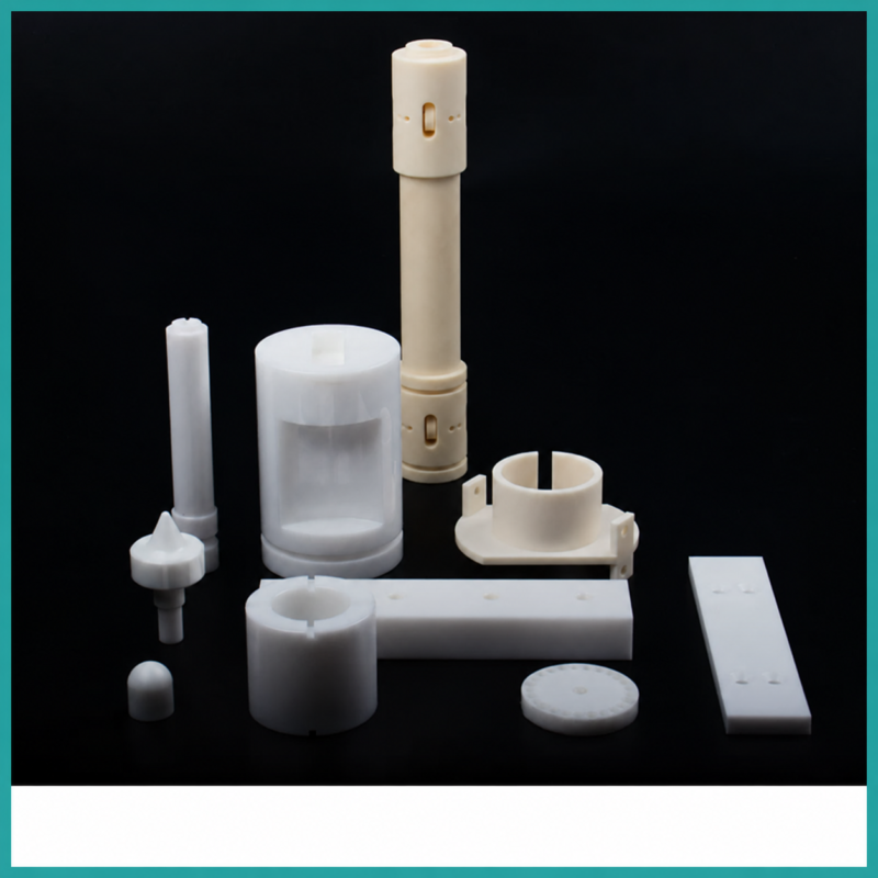 iksonic-custom-ceramic-components-group Assorted white and cream ceramic components, including tubes, sleeves, a slotted collar, bars, a disc and a cap, arranged on a black background.